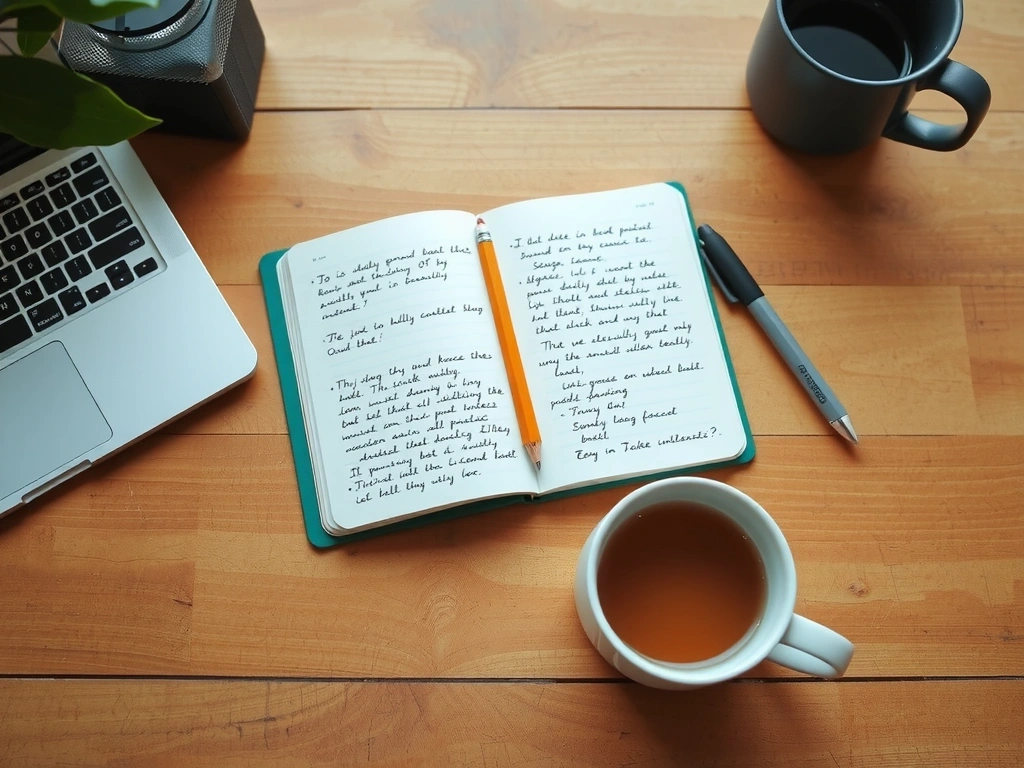 Notizbuch und Tee auf einem Schreibtisch für die Vorbereitung der Online-Beratung